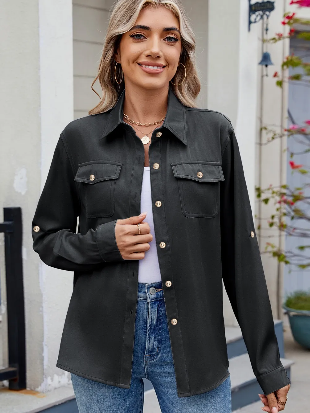 Solid Color Collared Neck Long Sleeve Shirt, image 15
