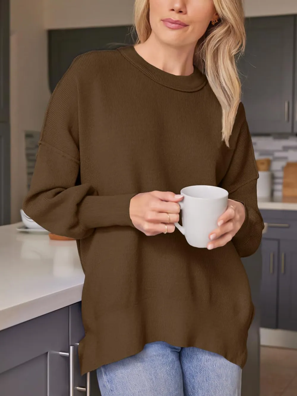 Slit Round Neck Dropped Shoulder Sweater, image 22