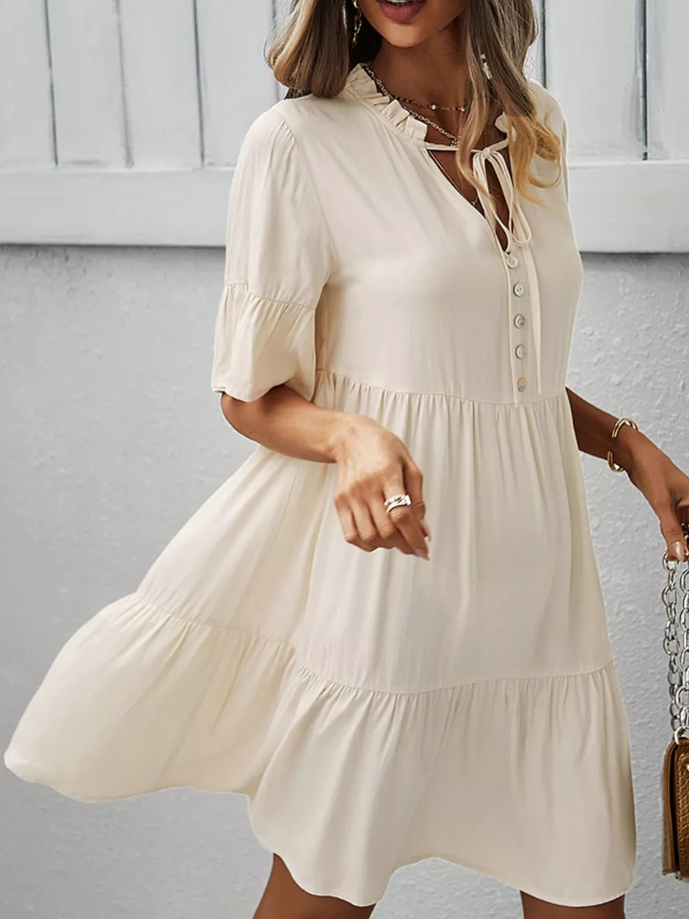 Boho Ruffle Sleeve Button Down Tiered Mini Dress, image 6