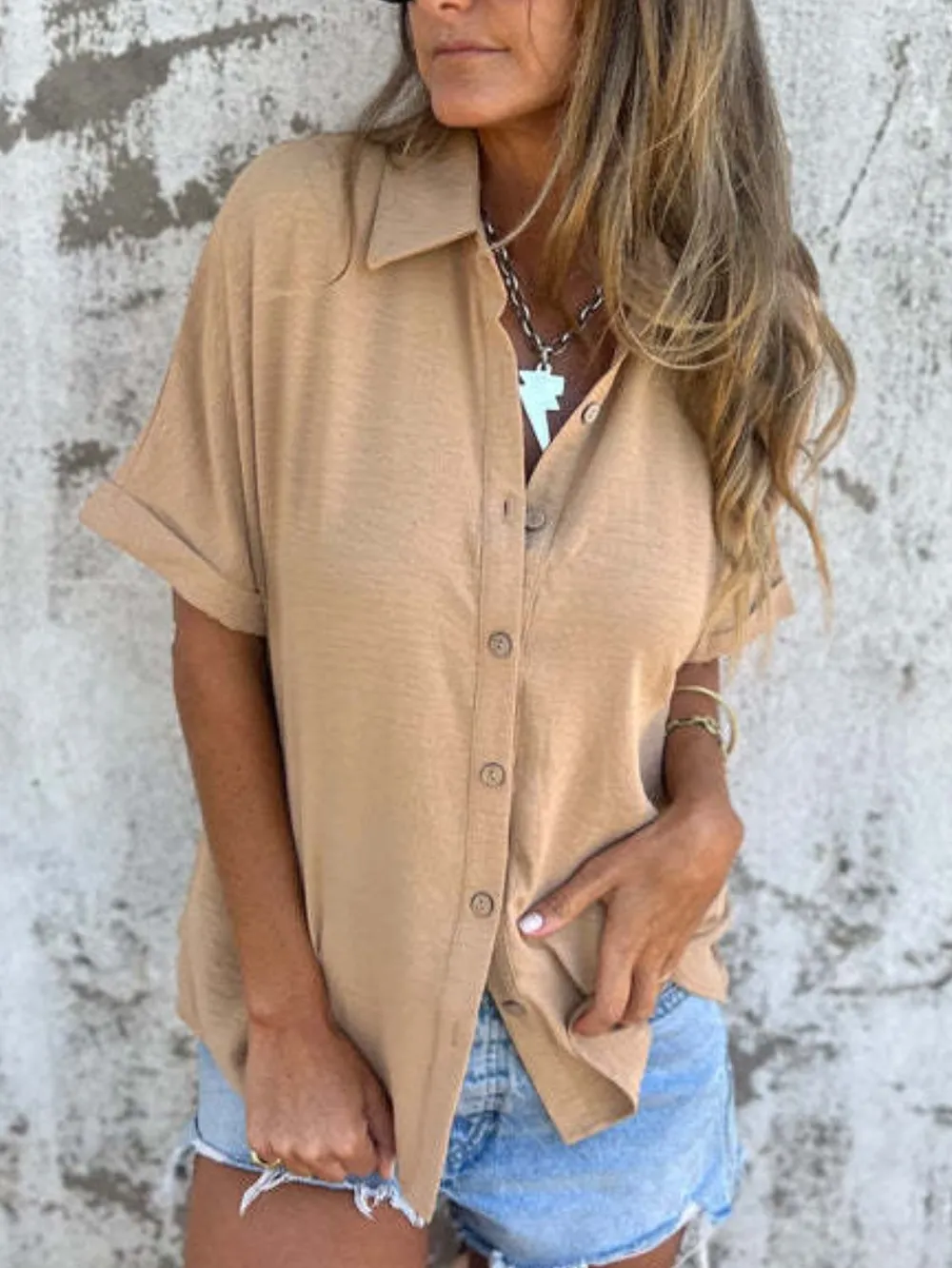 Full Size Collared Neck Half Sleeve Shirt Plus Size, image 17