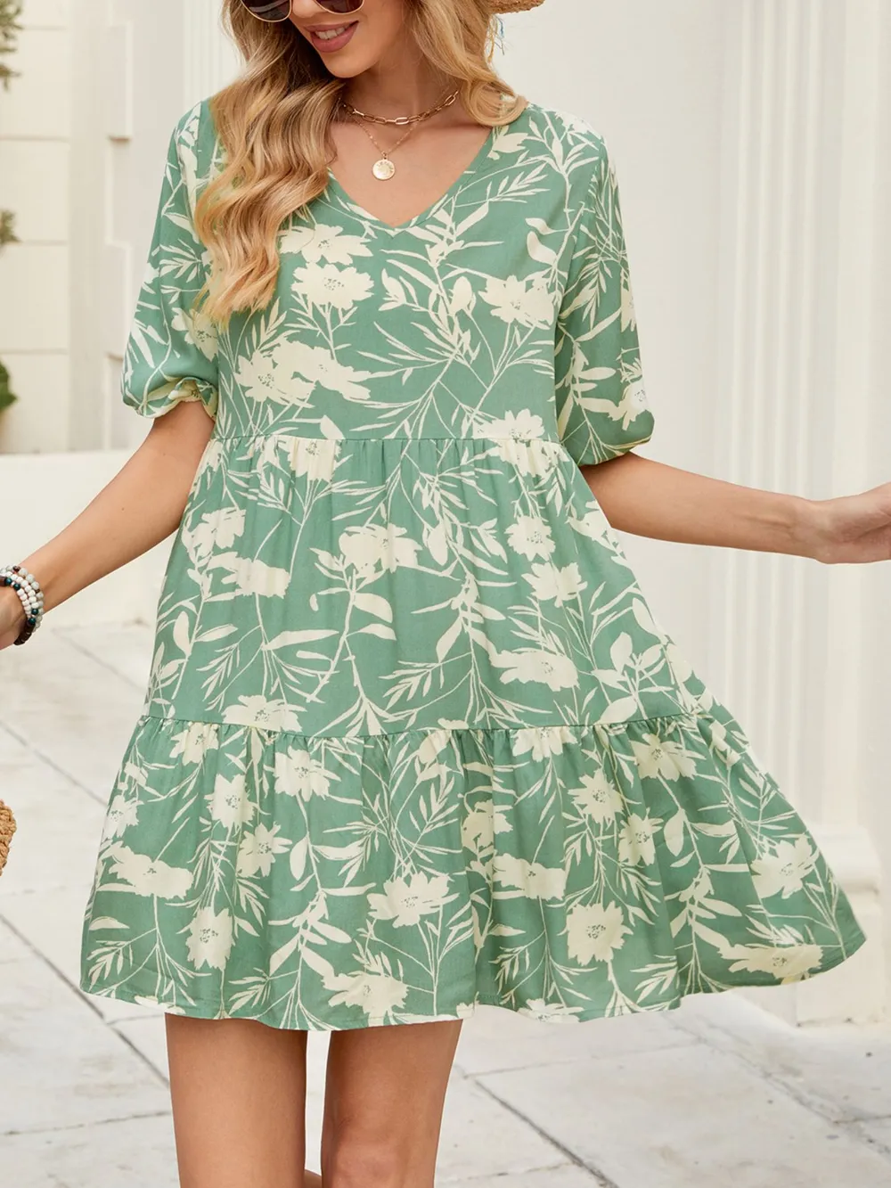 Printed V-Neck Ruffle Hem Mini Dress, image 2