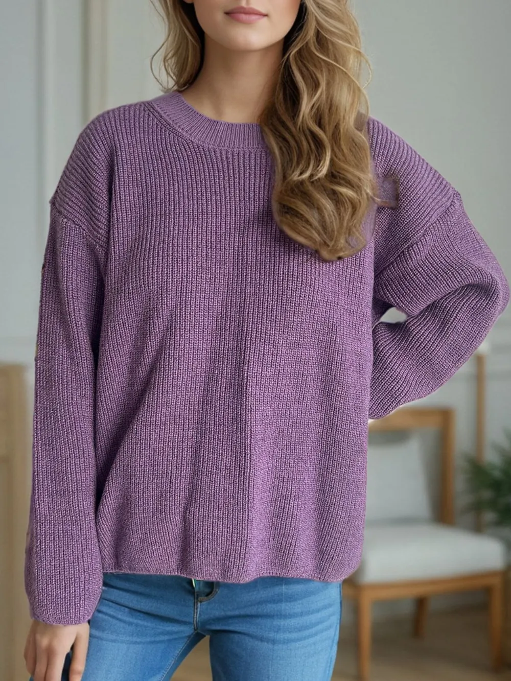 Solid Color Round Neck Long Sleeve Sweater, image 12