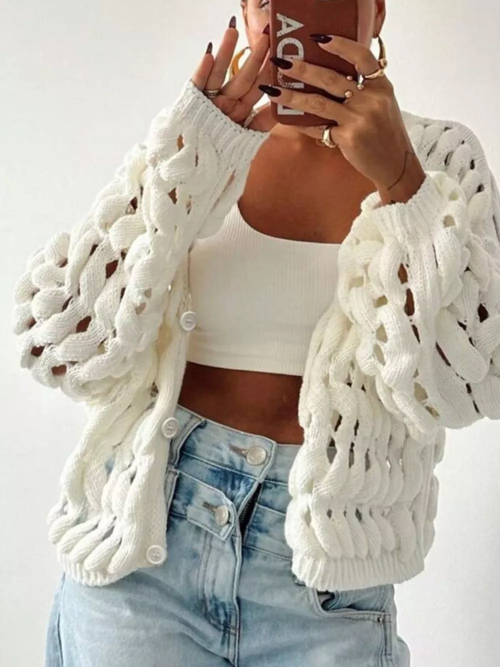 Openwork Button Up V-Neck Cardigan, image 3