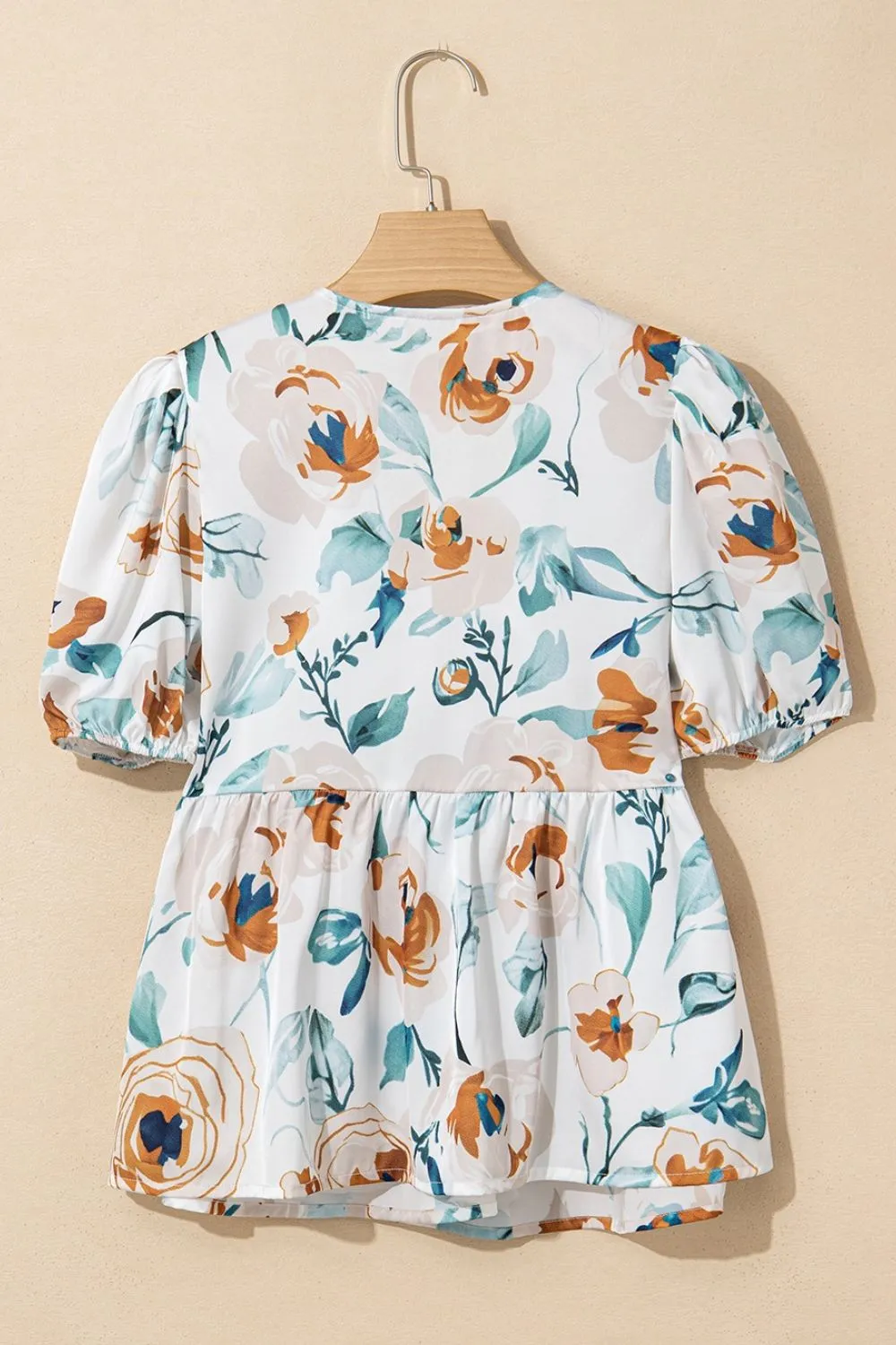 Floral Print Puff Sleeve V Neck Babydoll Blouse, image 9