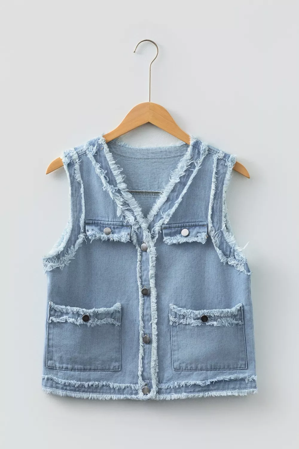 Frayed Edge Flap Pockets Denim Vest Jacket, image 11