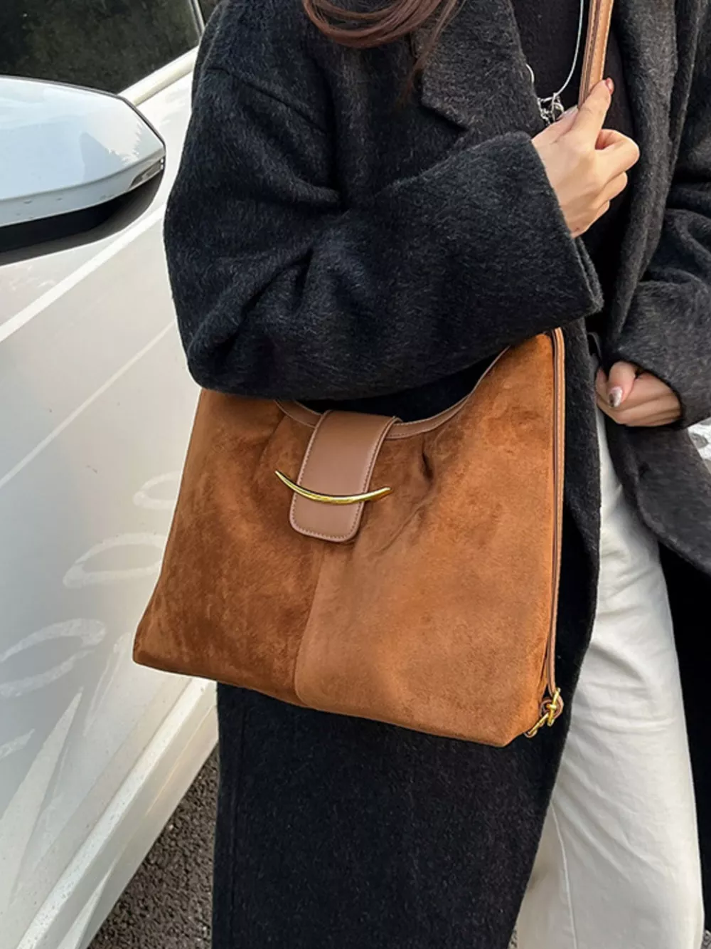 Convertible Suede Backpack Bag with Metal Accent, image 3