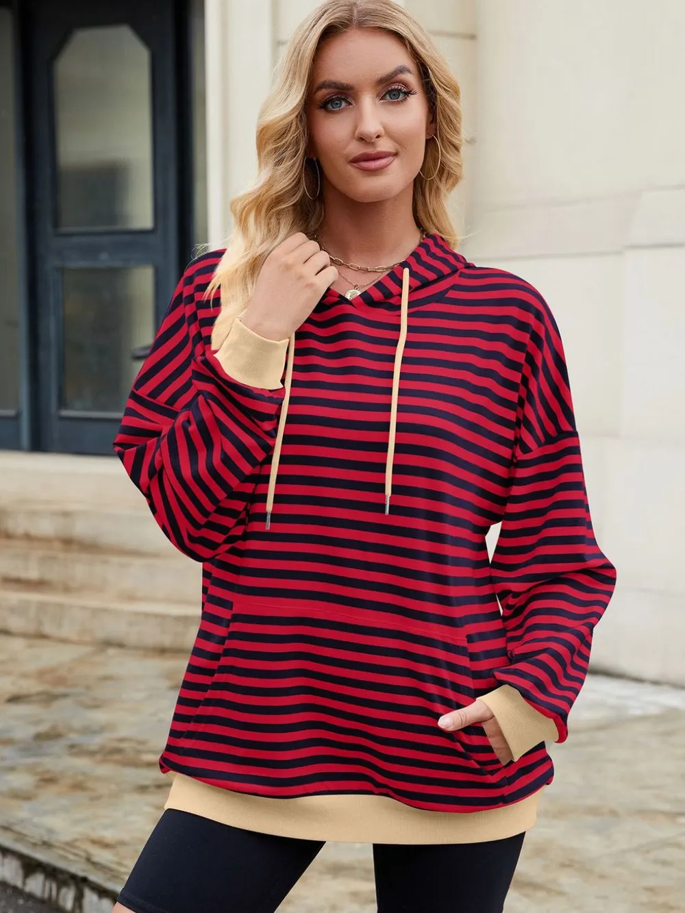 Drawstring Contrast Striped Long Sleeve Hoodie, image 13
