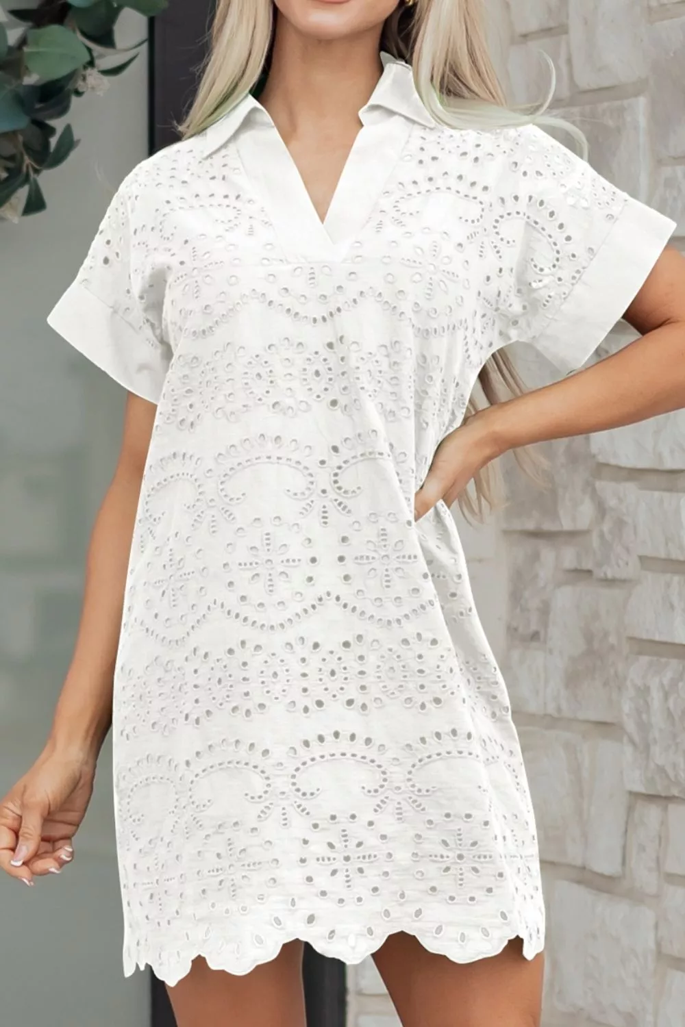Solid Color Eyelet Embroidered T Shirt Mini Dress, image 5
