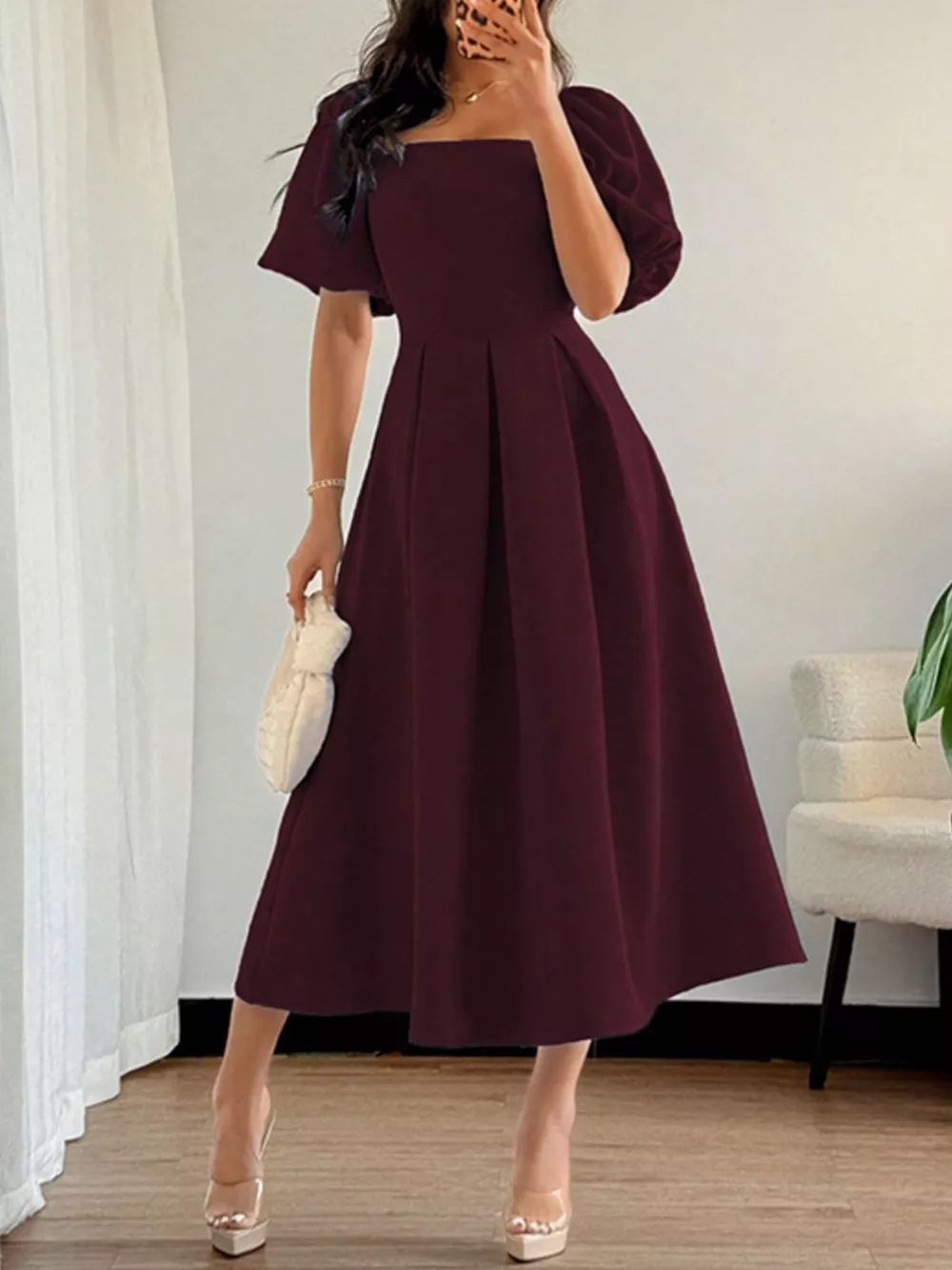 Square Neck Flutter Sleeve Midi Dress, image 2