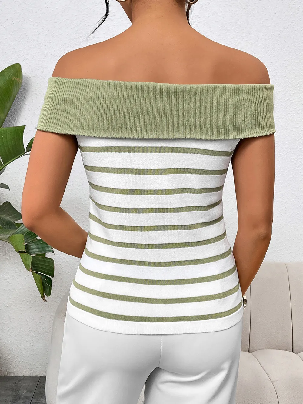 Decorative Button Striped Off-Shoulder Knit Top, image 3