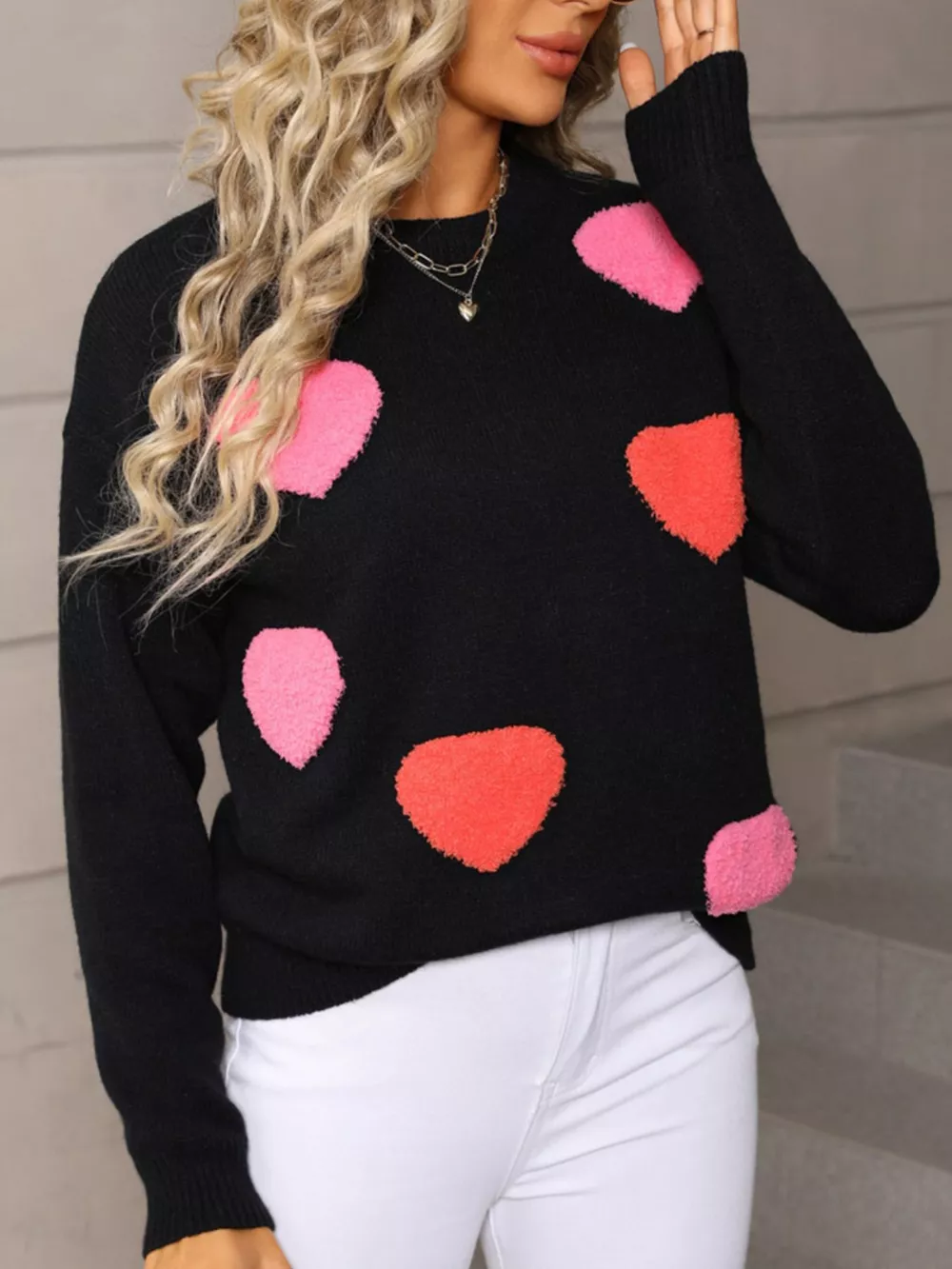 Valentine's Day Heart Pattern Long Sleeve Sweater, image 4