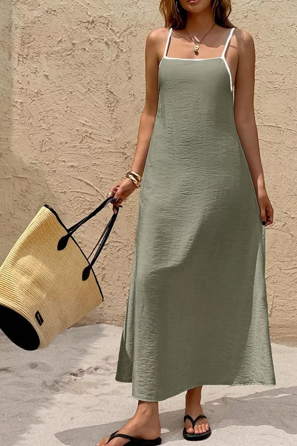 Spaghetti Strap Maxi Dress with Contrast Trim, image 3