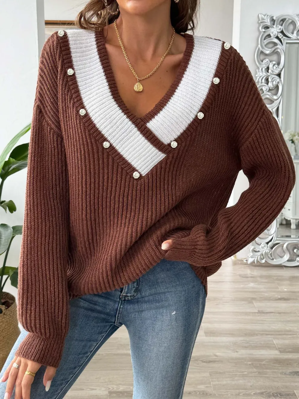 Contrast Trim Dropped Shoulder Long Sleeve Sweater, image 10