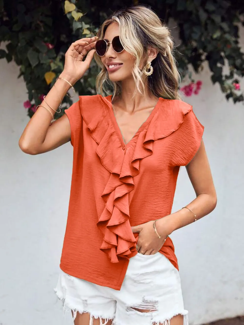 Ruffled V-Neck Short Sleeve Blouse, image 2