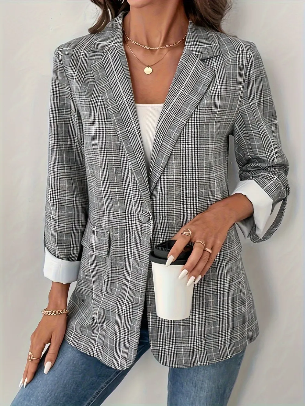 Single-Breasted Lapel Collar Plaid Blazer, image 3