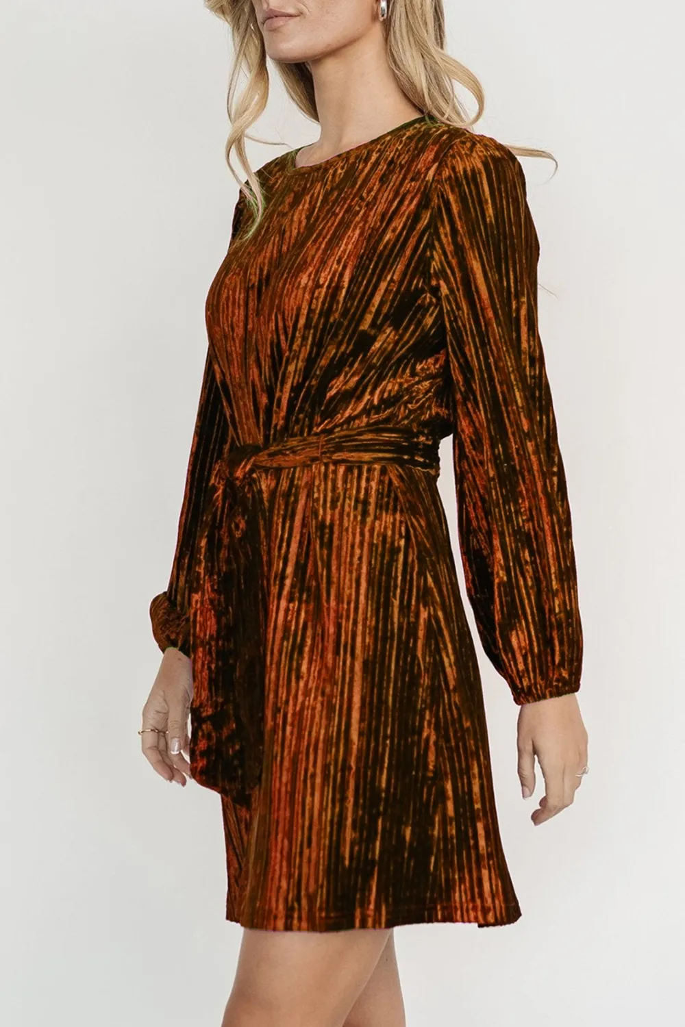 Velvet Round Neck Tie Waist Long Sleeve Mini Dress, image 10