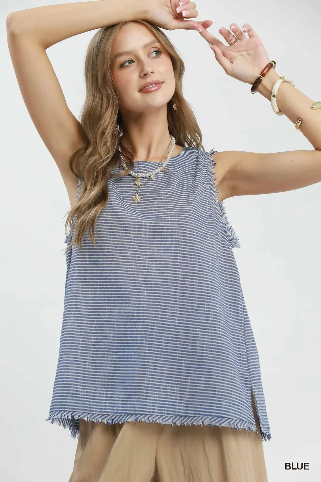 Stripe Fringe Trim Sleeveless Top