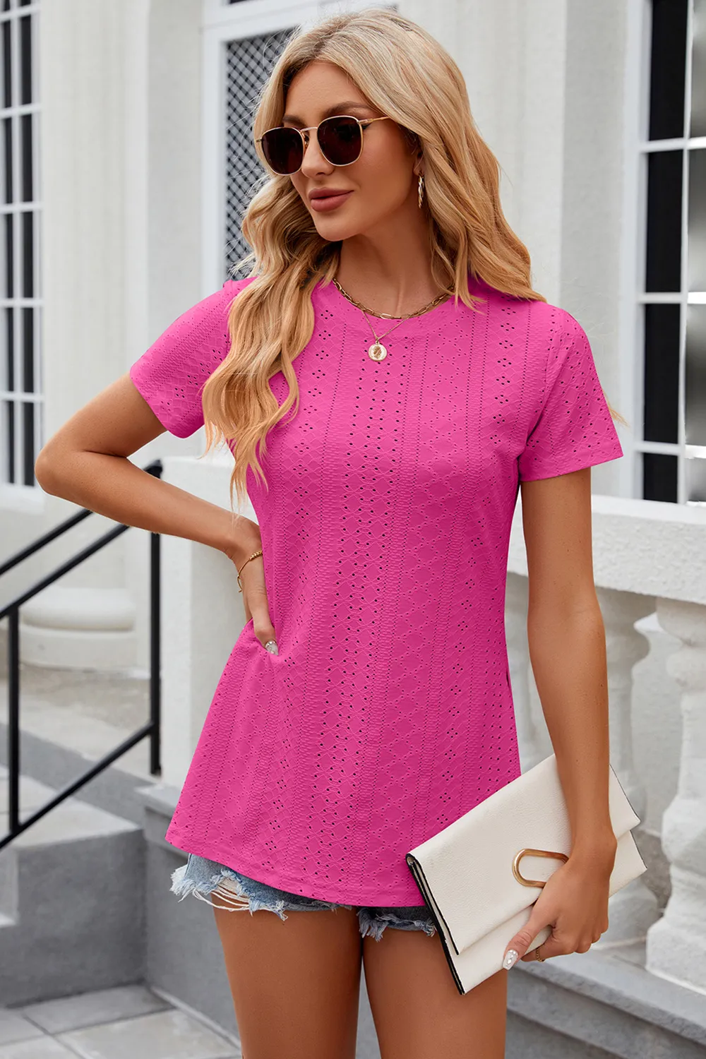 Eyelet Slit Round Neck Short Sleeve T-Shirt, image 11