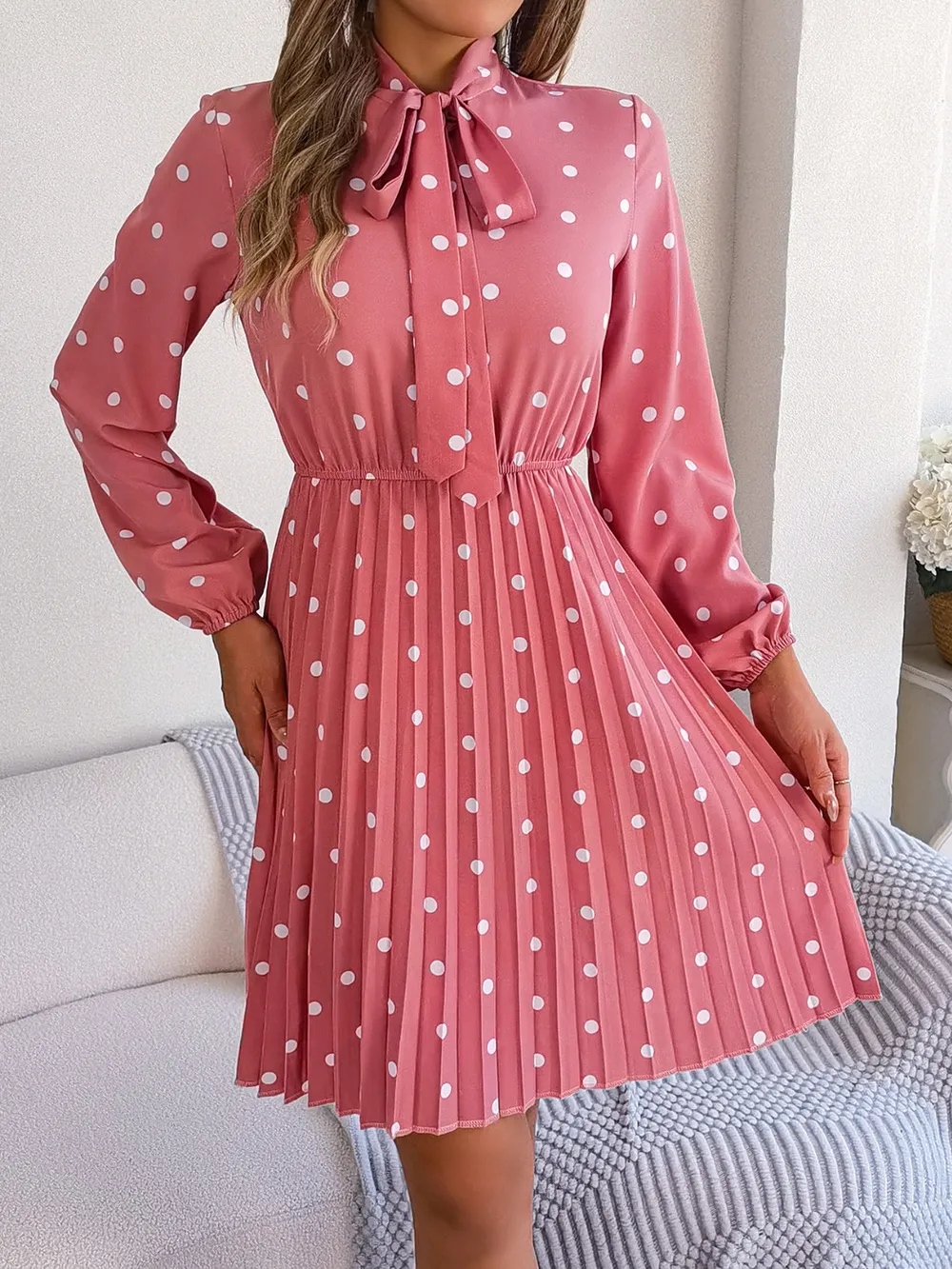 Polka Dot Tie Neck Pleated Dress, image 5