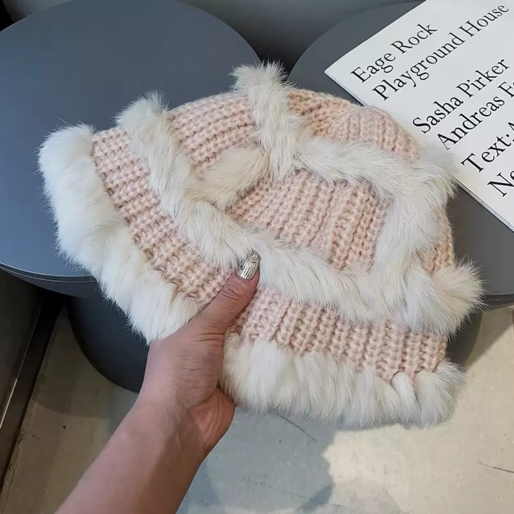 Fluffy Faux Fur Trim Knit Bucket Hat, image 4