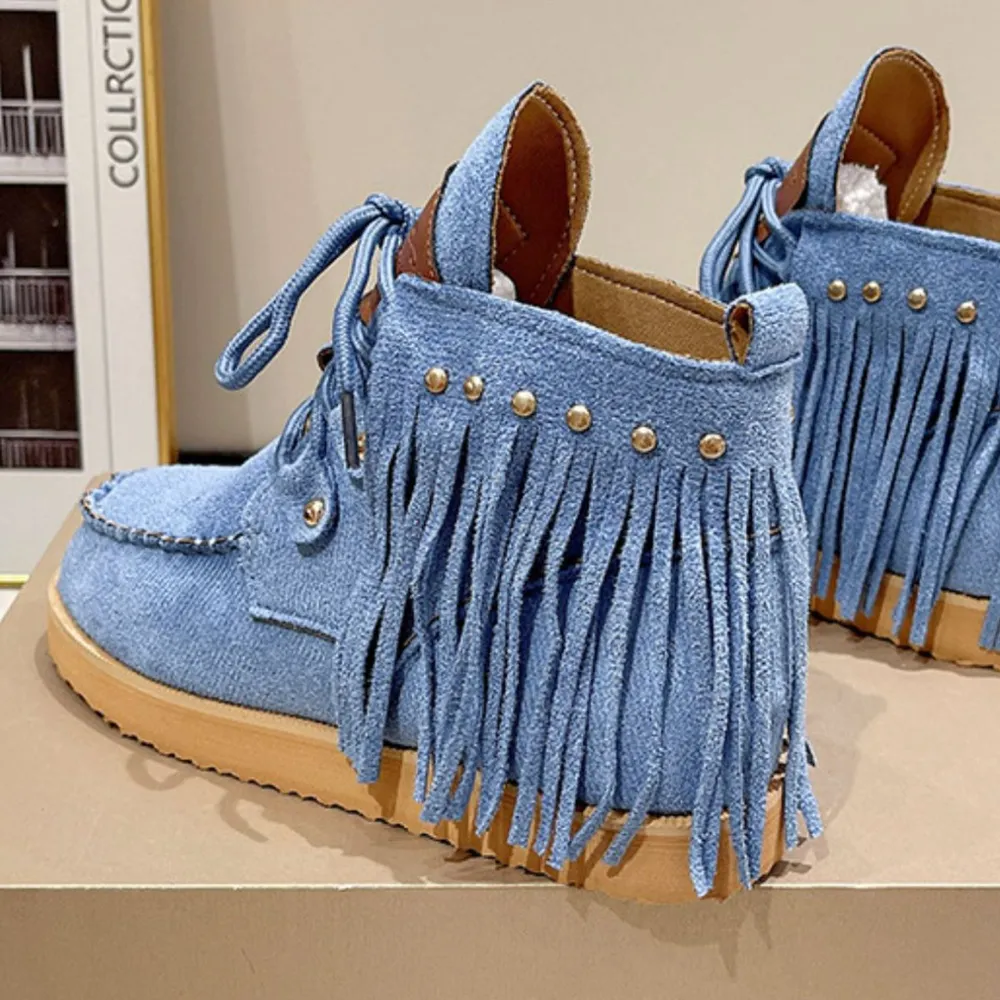 Fringe Studded Round Toe Canvas Boots, image 4