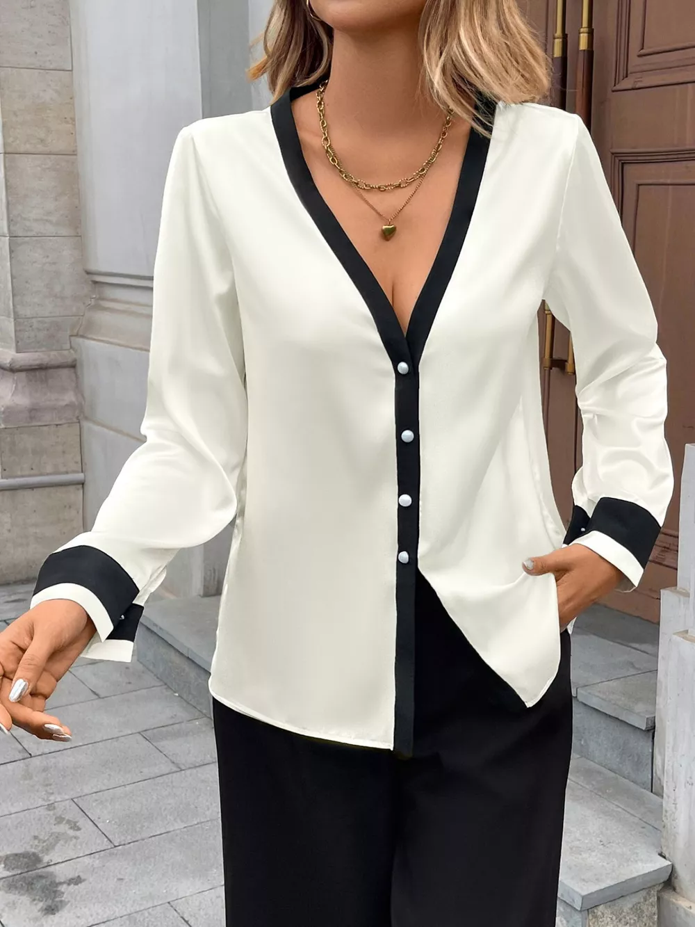 Contrast Trim V-Neck Blouse, image 6