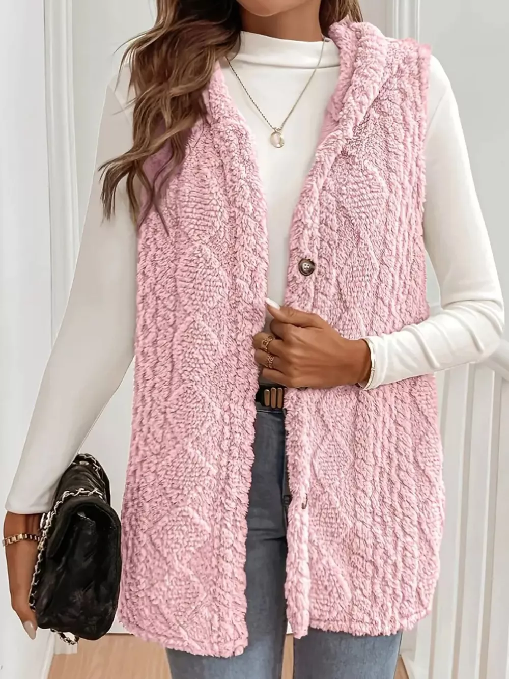 Hooded Button-Up Sherpa Vest Coat, image 16