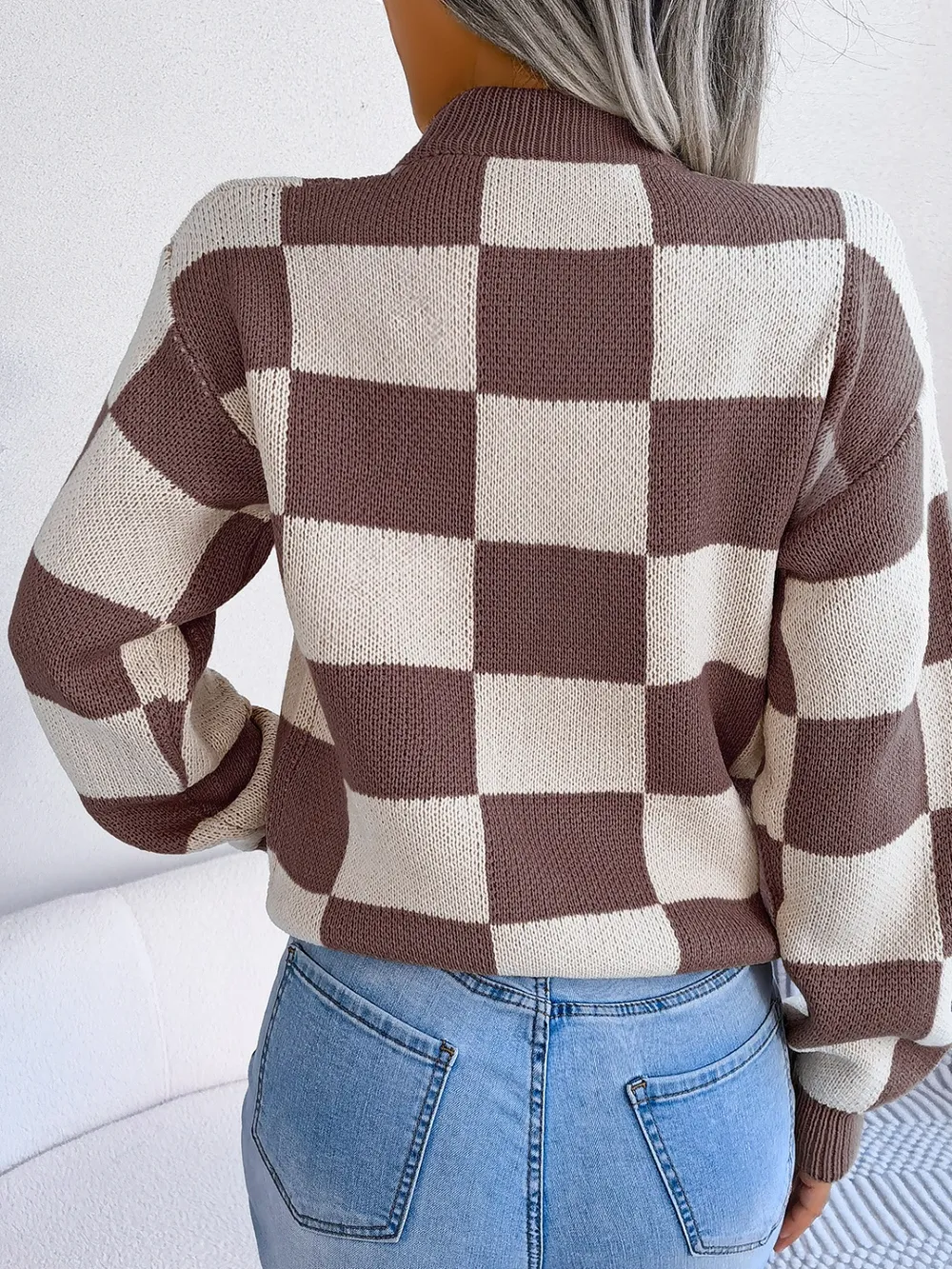 Checkered Mock Neck Long Sleeve Sweater, image 23