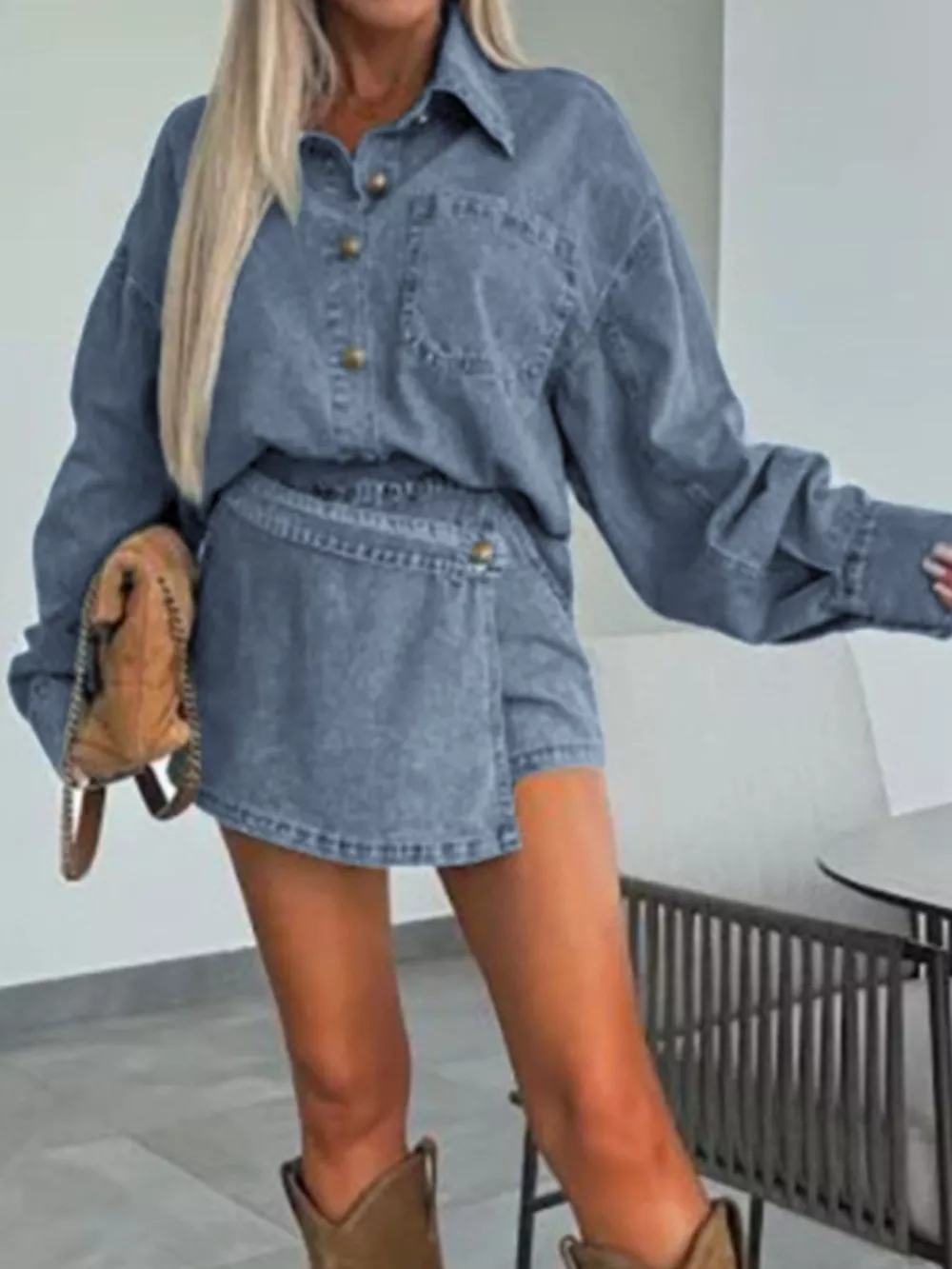 Button-Front Shirt and Mini Skirt Oversized Denim Set