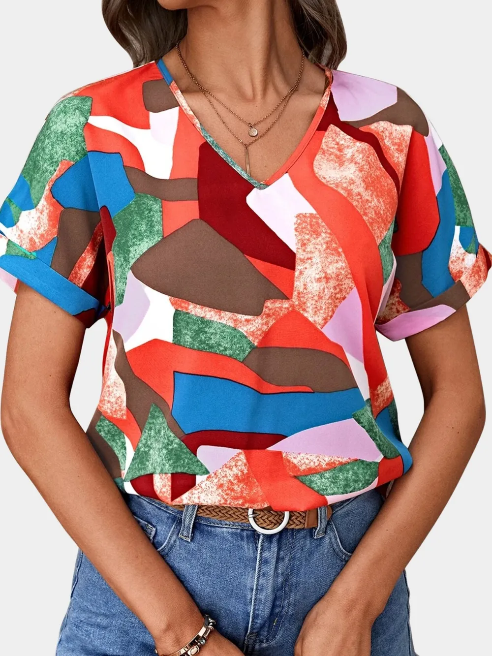 Printed V-Neck Short Sleeve Blouse, image 16