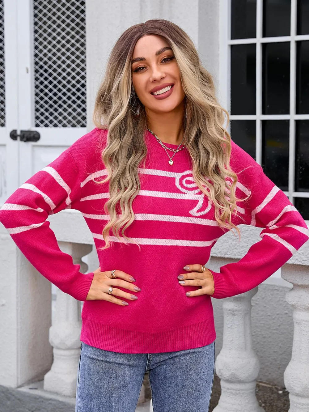 Striped Round Neck Long Sleeve Sweater, image 13