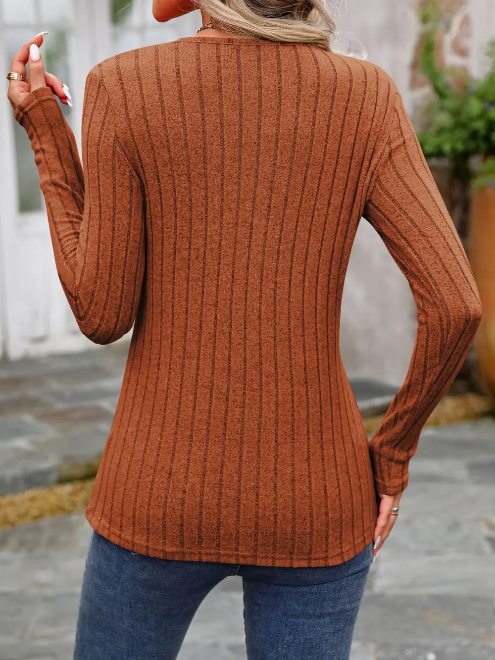 Decorative Button Round Neck Long Sleeve T-Shirt, image 19