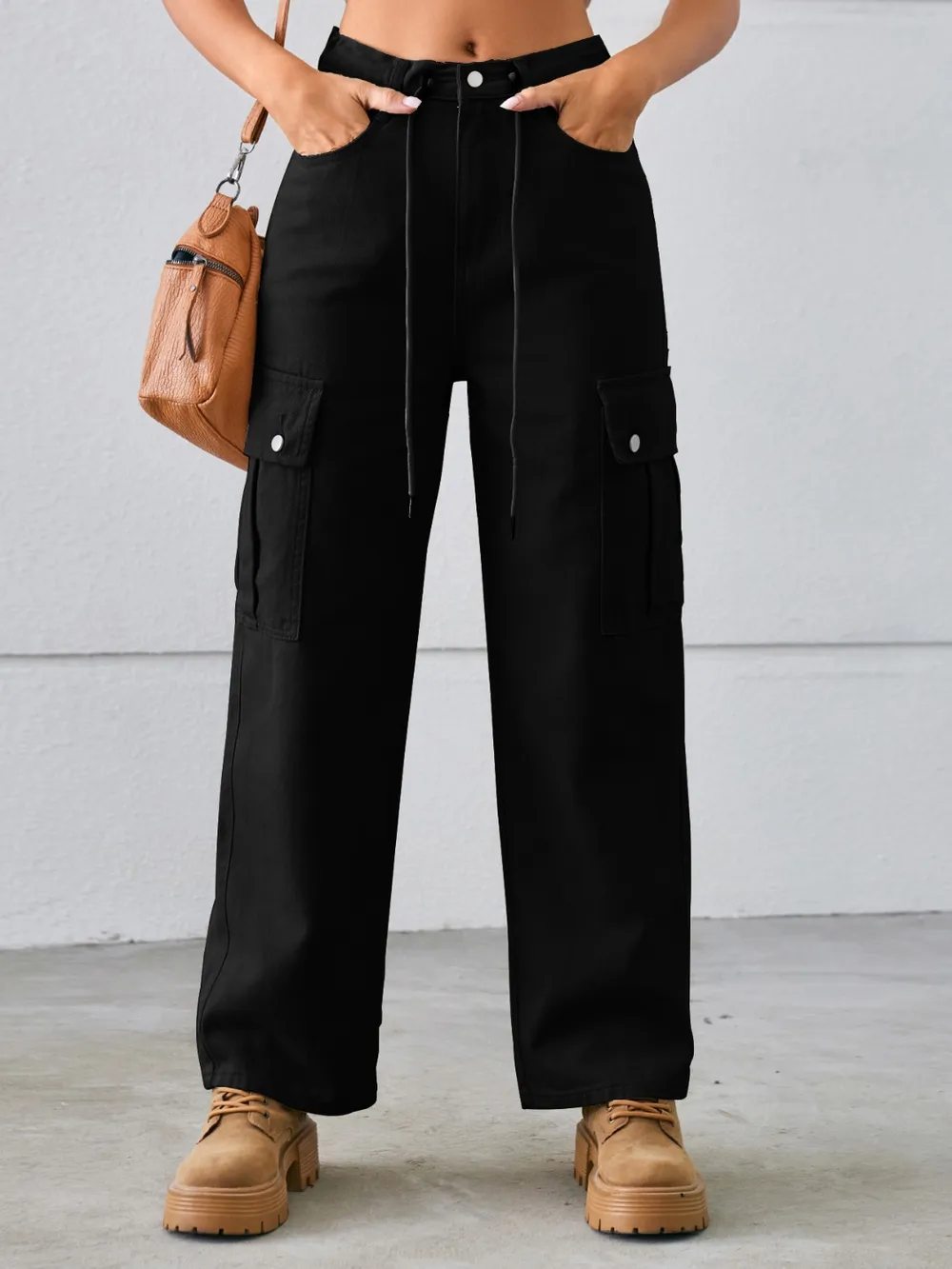 Drawstring Mid-Rise Waist Straight Cargo Jeans, image 15