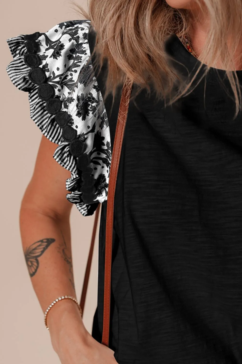 Round Neck Printed Ruffled Cap Sleeve Blouse, image 10