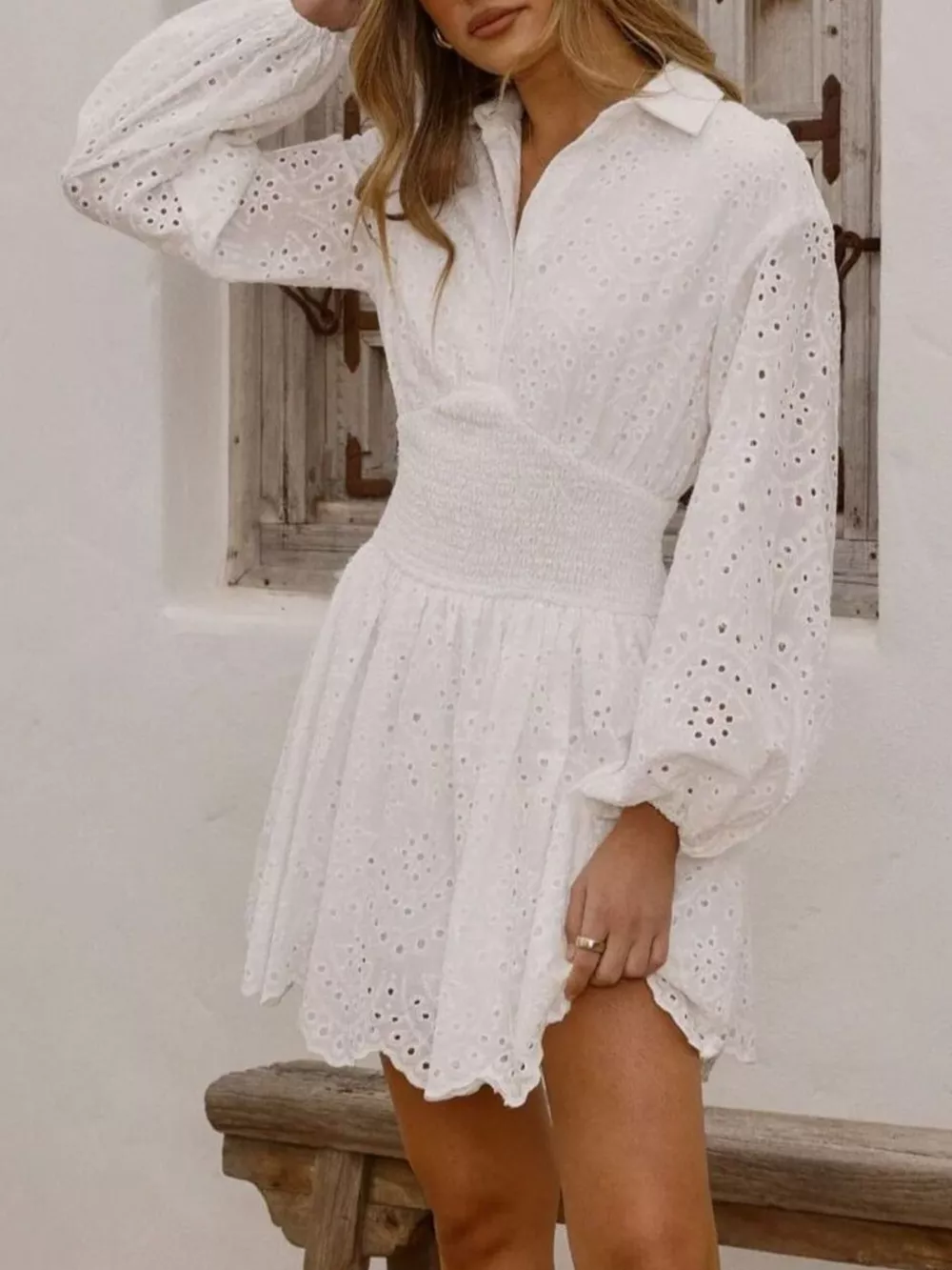 Eyelet Balloon Sleeve Mini Dress, image 4
