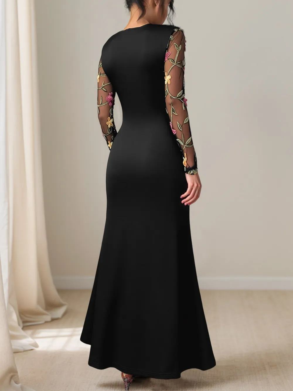 Floral Mesh Sleeve Ruched Maxi Dress, image 7