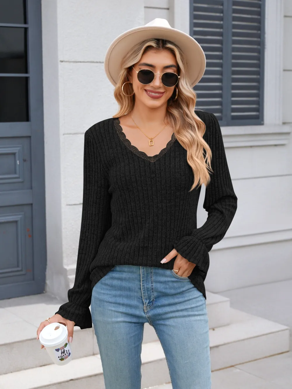 Lace Detail V-Neck Long Sleeve T-Shirt, image 18