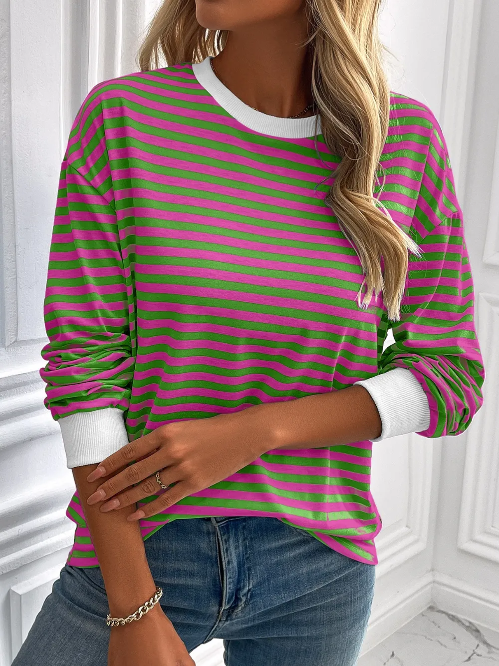 Striped Round Neck Long Sleeve Sweatshirt, image 20