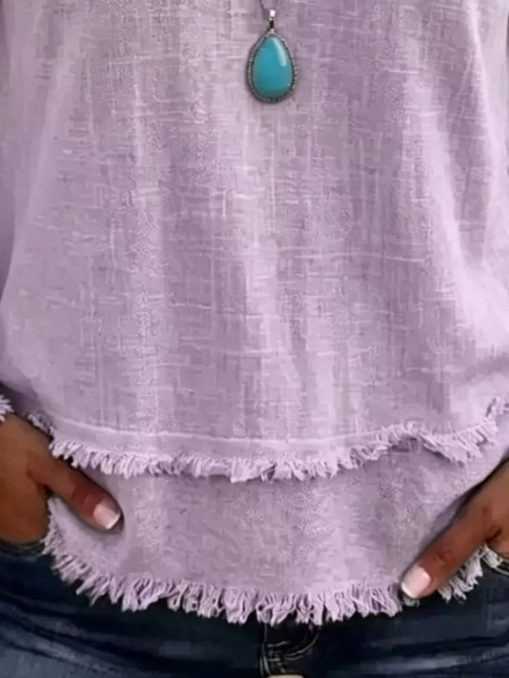 V-Neck Long Sleeve Blouse with Frayed Hem Detail, image 11