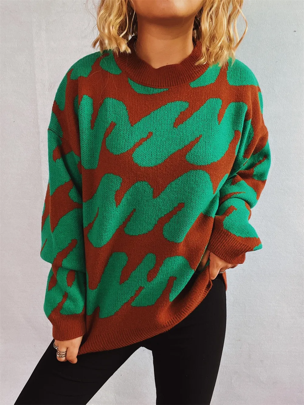 Contrast Round Neck Long Sleeve Sweater, image 13