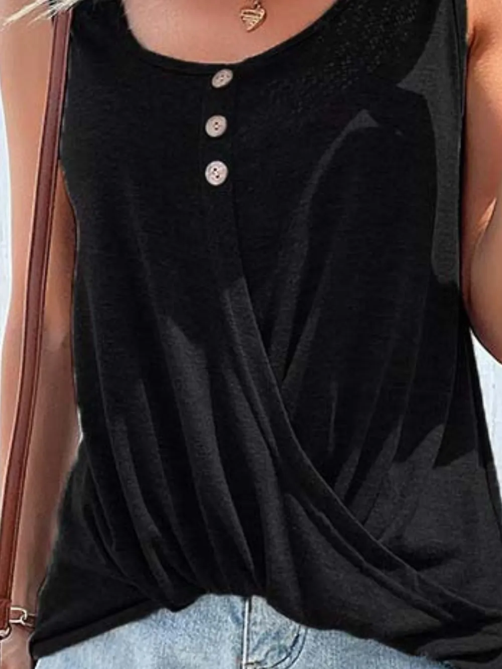 Full Size Decorative Button Round Neck Tank Plus Size, image 16