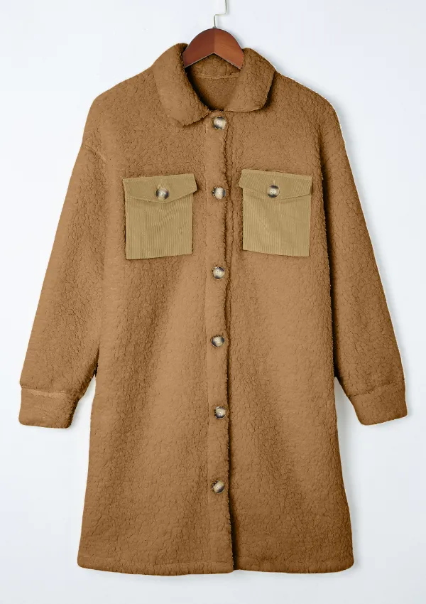Collared Neck Long Sleeve Longline Teddy Jacket, image 22