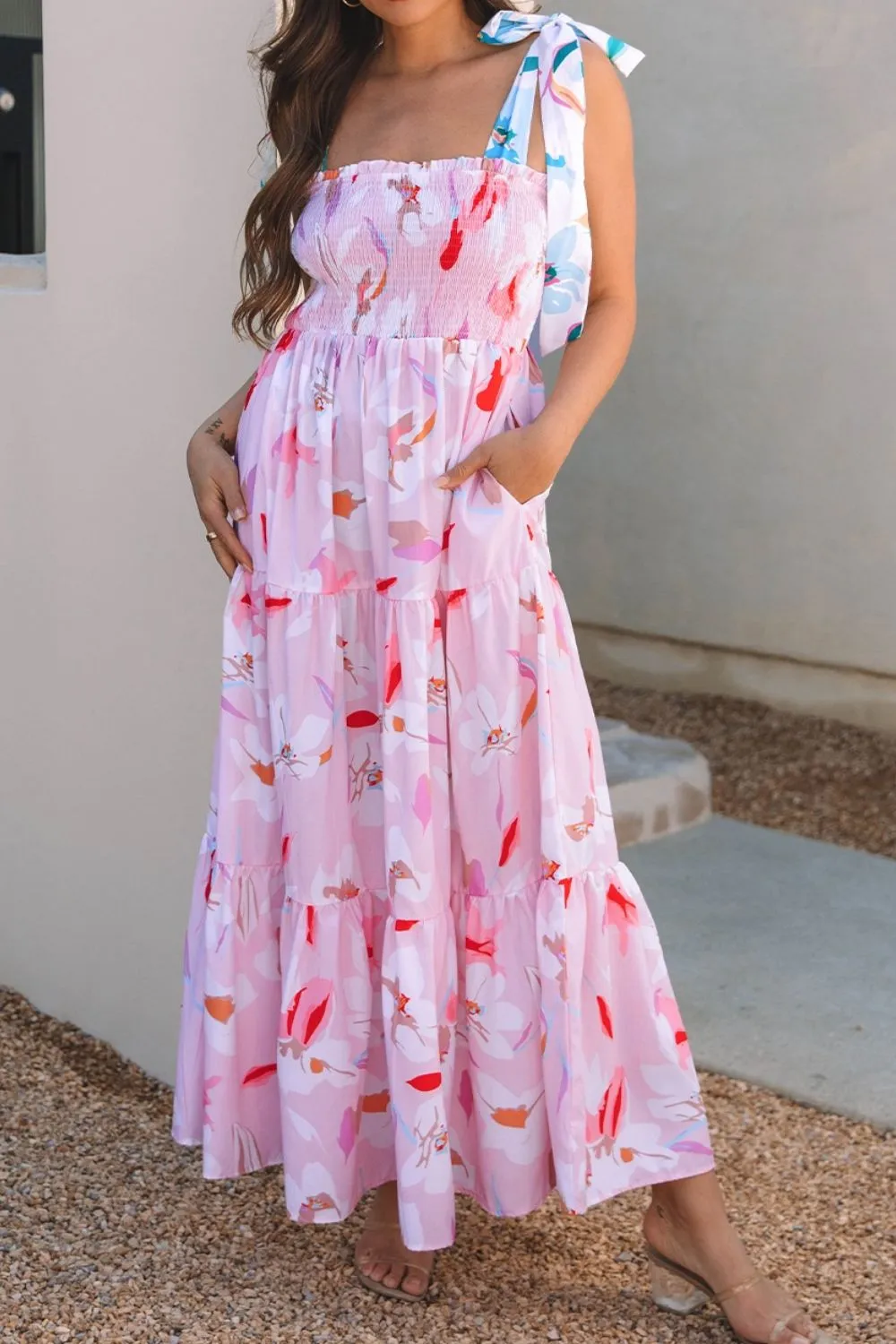 Floral Print Knotted Shoulder Smocked Maxi Dress, image 11