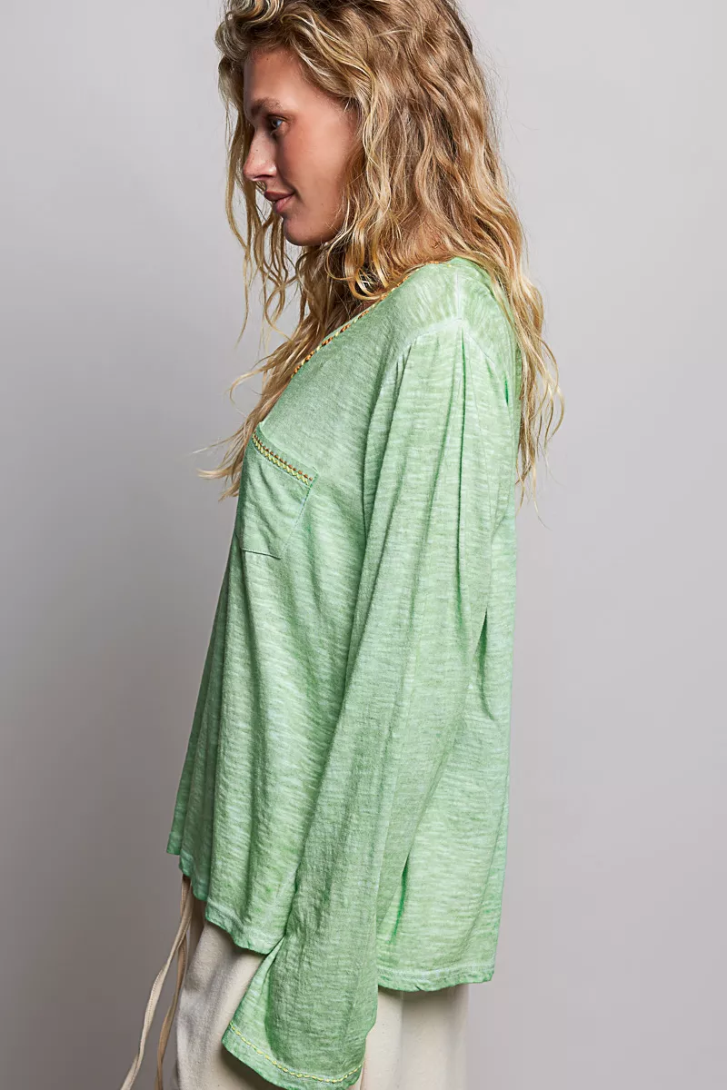 POL V-Neck Contrast Stitch Lightweight Knit Long Sleeve Top, image 2