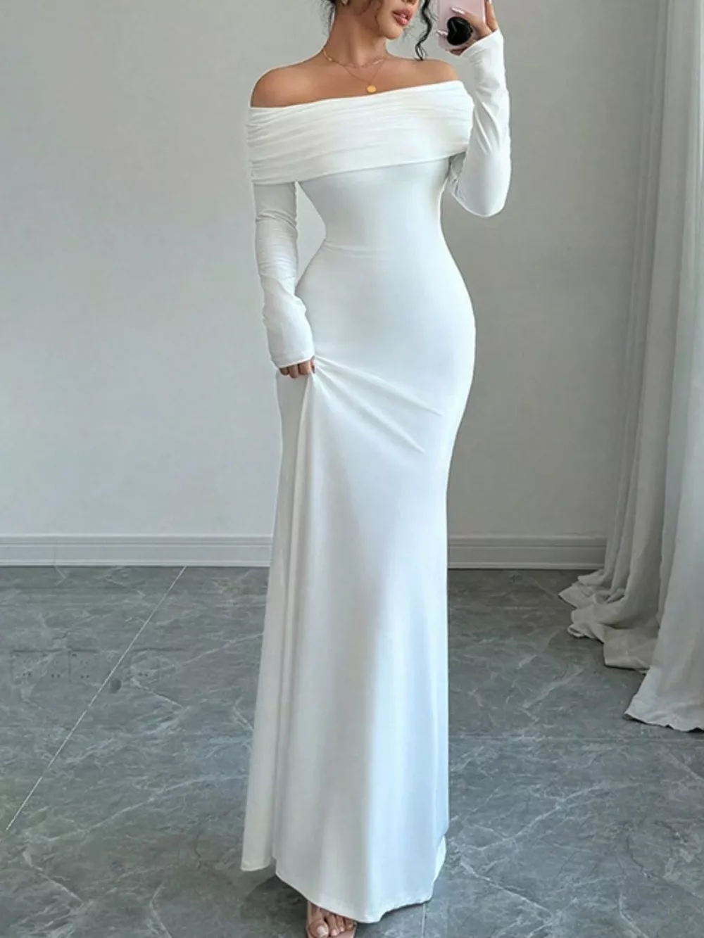 Off-Shoulder Long Sleeve Bodycon Maxi Dress, image 4