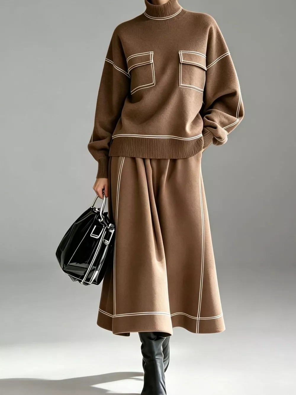 Turtleneck Knit Top and Midi Skirt Set, image 8