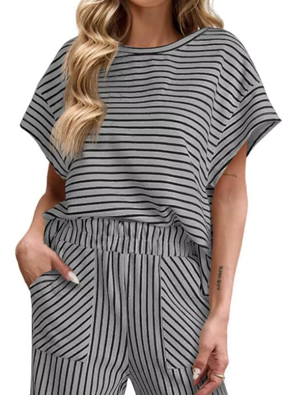 Casual Striped Short Sleeve Top and Wide Leg Pants Two-Piece Set, image 23