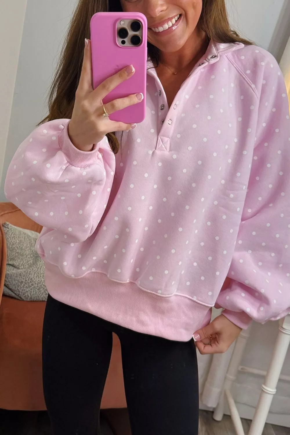 Polka Dot Print Metal Button Collar Casual Pullover Sweatshirt, image 3