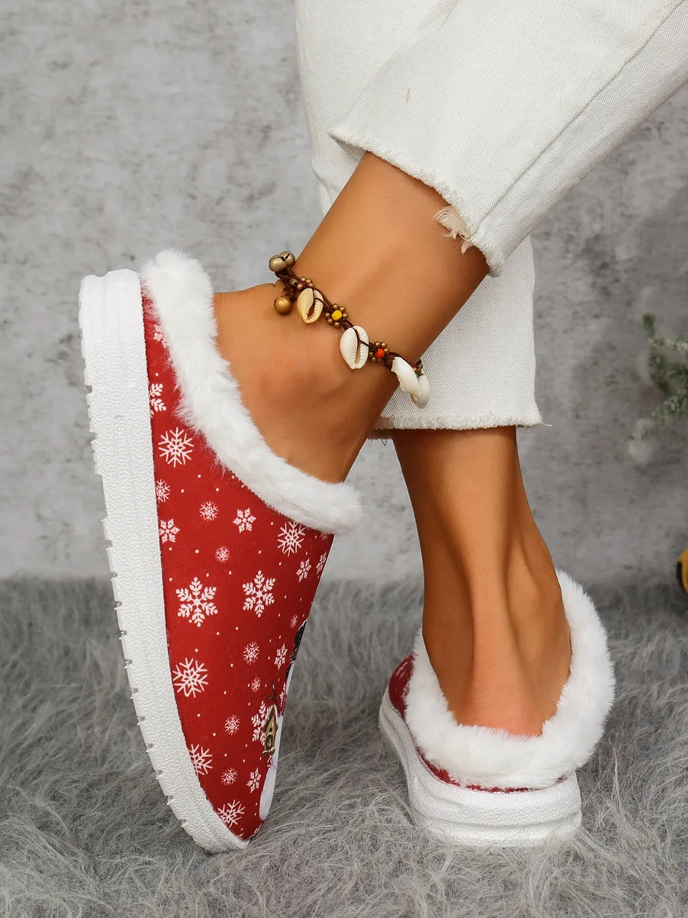 Snowman Print Flat Slippers with Faux Fur, image 10