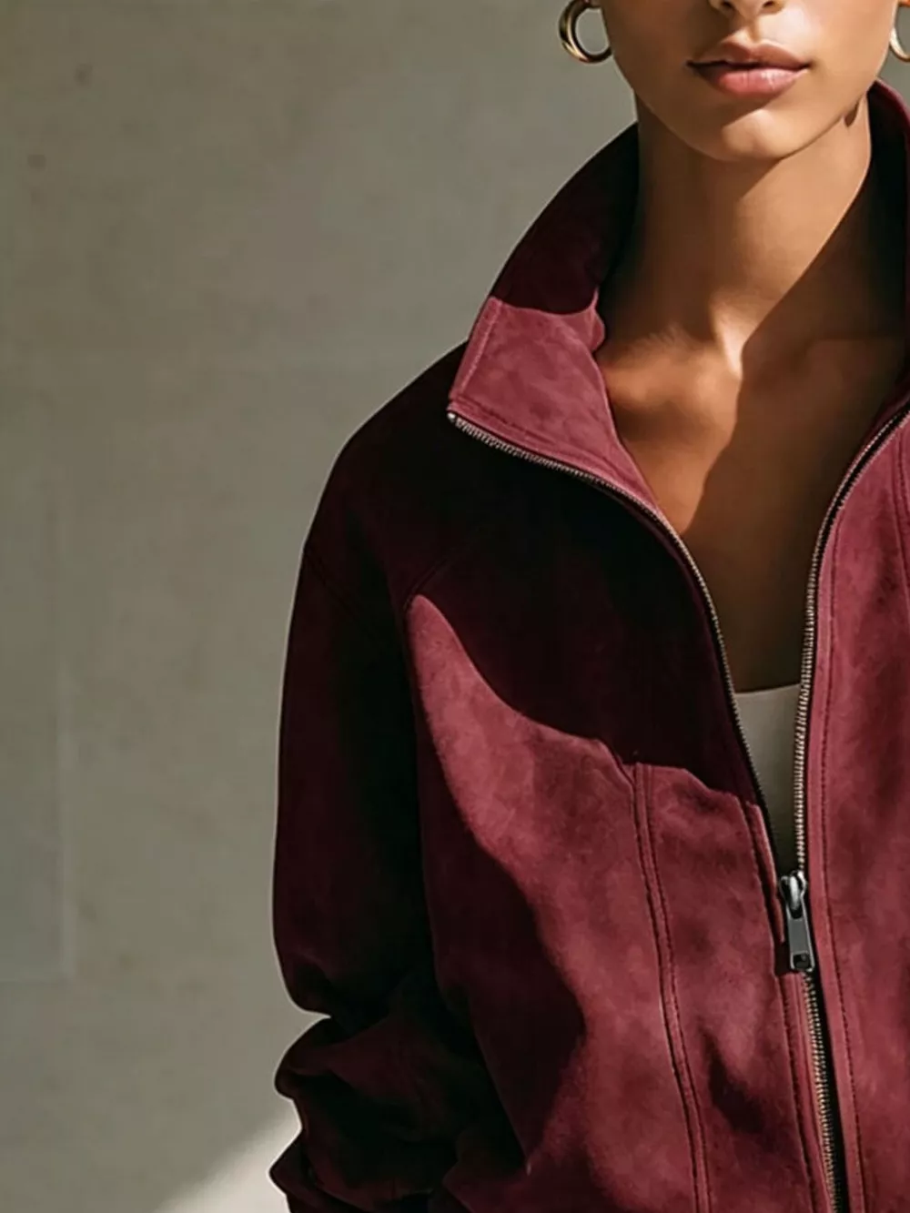 Suede Zip-Up Stand Collar Cropped Jacket, image 8